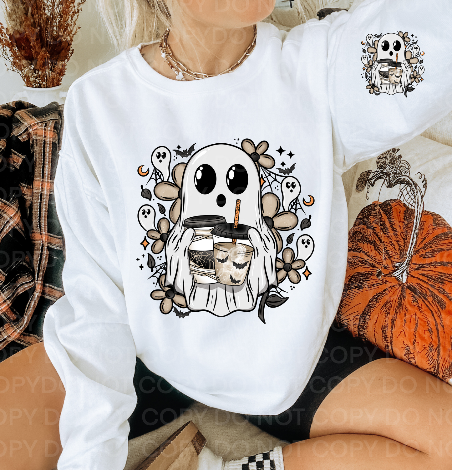 Floral coffee ghost w/pocket**DTF Transfers