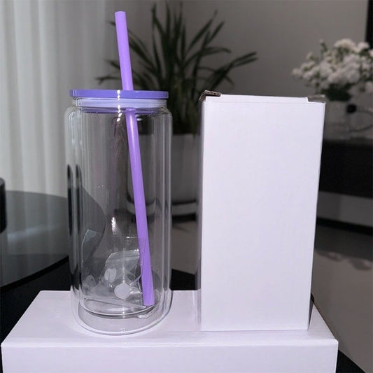 16oz Purple glass snow globe predrilled cup w/lid and straw.12oz inside