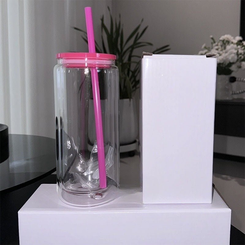 16oz Hot pink outer glass snow globe predrilled cup w/lid and straw.12oz inside