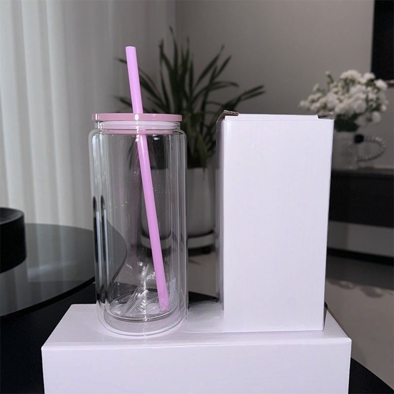 16oz Light Pink outer glass snow globe predrilled cup w/lid and straw.12oz inside